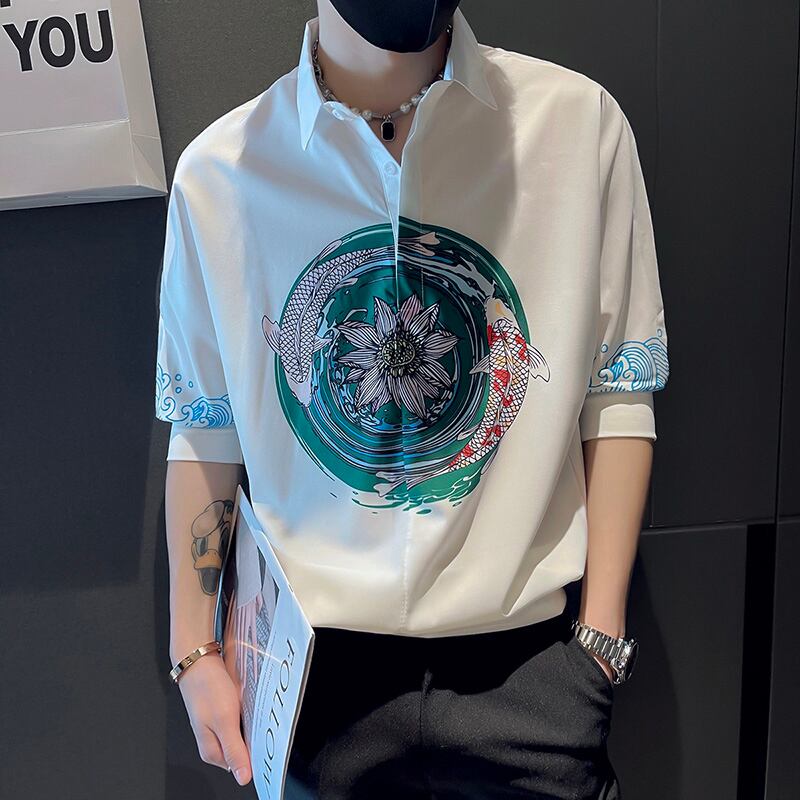 [HAOYUAN Series] ★China style shirt★ Ink pattern carp flower tops unisex men's white black