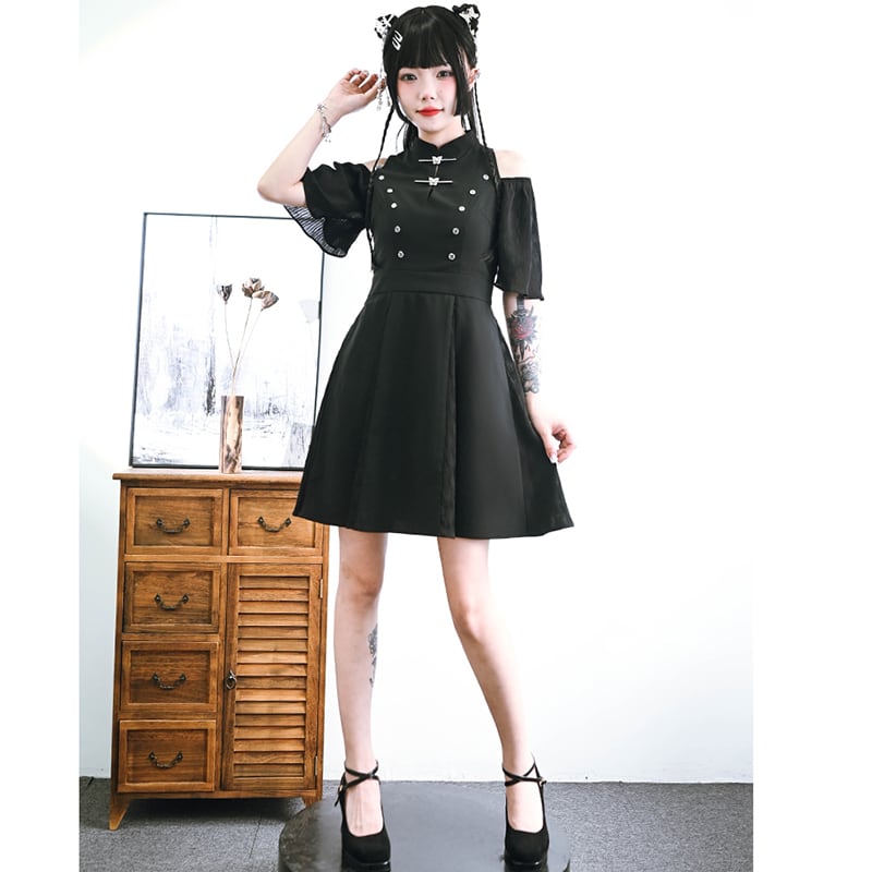 [Kokaisha---Dark Series]★China style dress★ Off-the-shoulder short length slimming original black black SML date