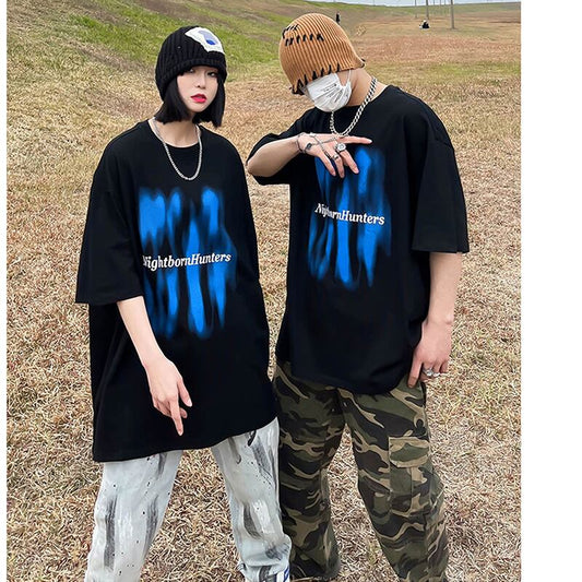 [ZHUJI Series]★T-shirt★ Tops Unisex Men's Fashion Print Men's Black Black Blue Blue