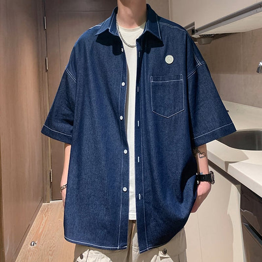 [BIGEMAN Series]★Denim Shirt★ 2color Tops Short Sleeve Shirt Unisex Men's Large Size Black Blue