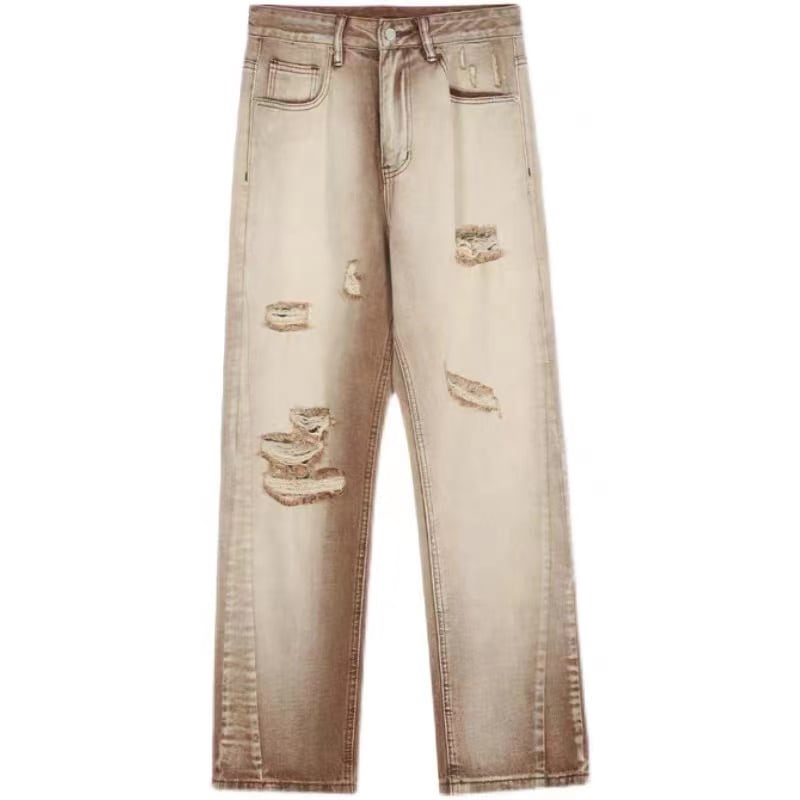 [SUFEI Series]★Denim Pants★ Trousers Bottoms Casual Distressed Unisex Brown Fashion