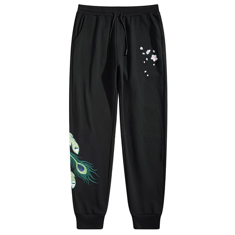 [Machiha clan series]★China style pants★Bottoms embroidery peacock peacock black black large size cool