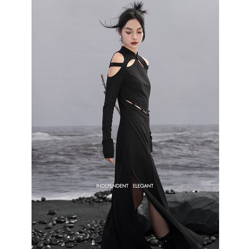 [Daiseiryusu Series] ★China style dress★ Exposed shoulders, sexy, long sleeves, design, long length, original