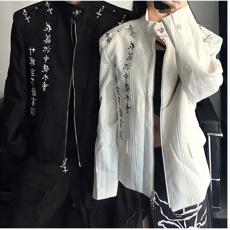 [Illustrated series] ★China style jacket★ 2color outerwear embroidery super cute letter pattern unisex men's loose fit