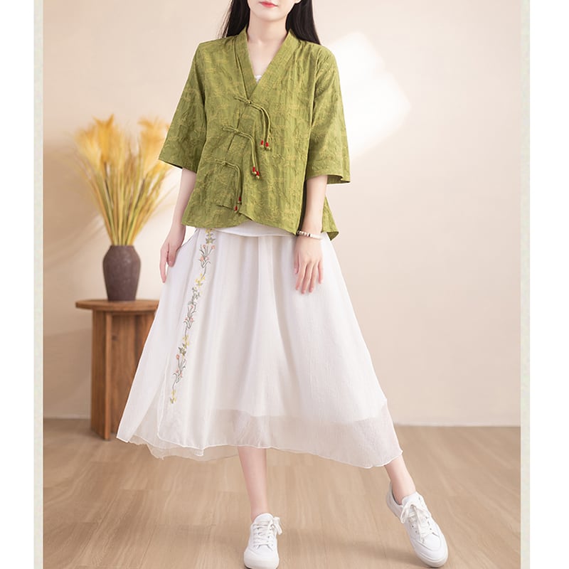 [Qing series] ★China style tops★ Shirt 3color cotton linen V neck literary style blue green beige