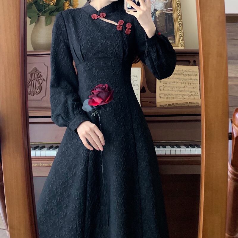 [Dong Xiaojie Series] ★Chinese style dress★ Large size Chinese dress Black Black improved cheongsam dress Long length Slim