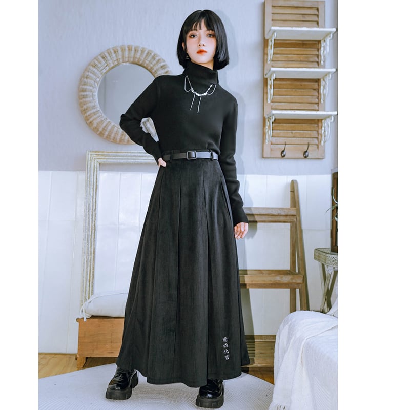 [Kokaisha --- Aikichi Series] ★China style skirt★ Bottoms switching velvet floral pattern black black