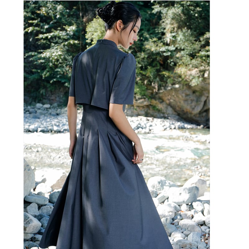 [Big Blue Dragon Series] ★China style dress★ Faux layered stand neck gray gray slimming wear