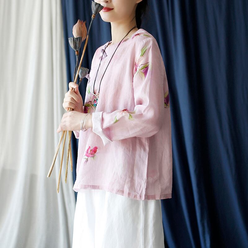 [Light ink series] ★China style tops★ Shirt Improved temperament Improved Tang suit Thin floral pattern Pink China button