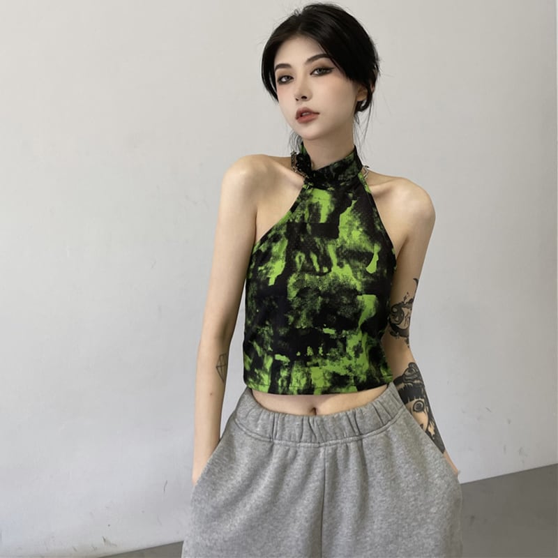 [Style Series] ★China style tops★ Camisole Tank Top Tie-dyed Easy to match Slimming Green Green