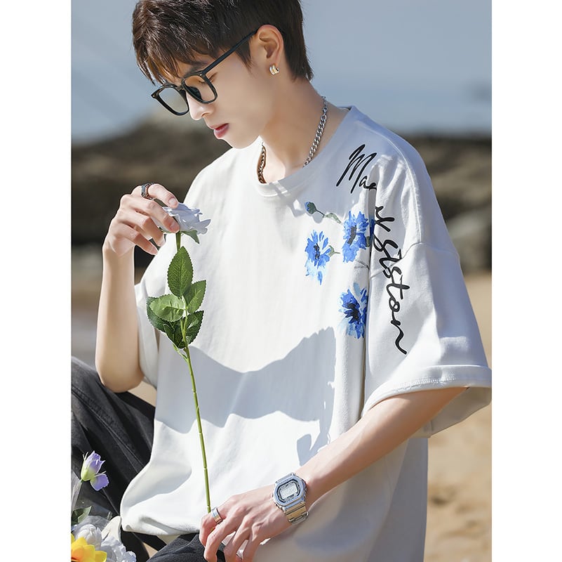 [MANYSTON Series]★T-shirt★ Tops 3color Unisex Men's Short Sleeve Floral Pattern Blue White Black Casual