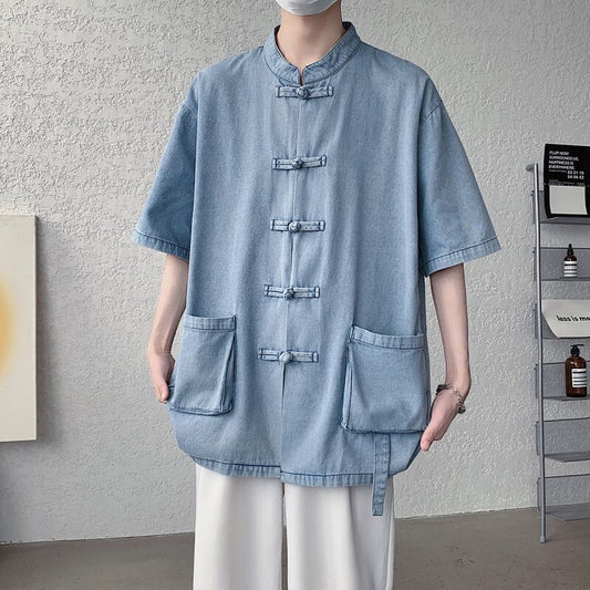 [YISHUO Series]★Chinese style shirt★ 2color Unisex Men's Large Size Denim Shirt Chinese Clothes Blue