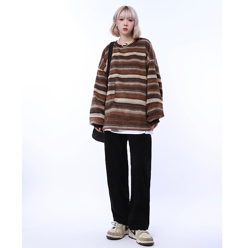 [MGJM Series]★Knit tops★ 2color horizontal striped striped pattern retro unisex men's women's Harajuku style easy to match