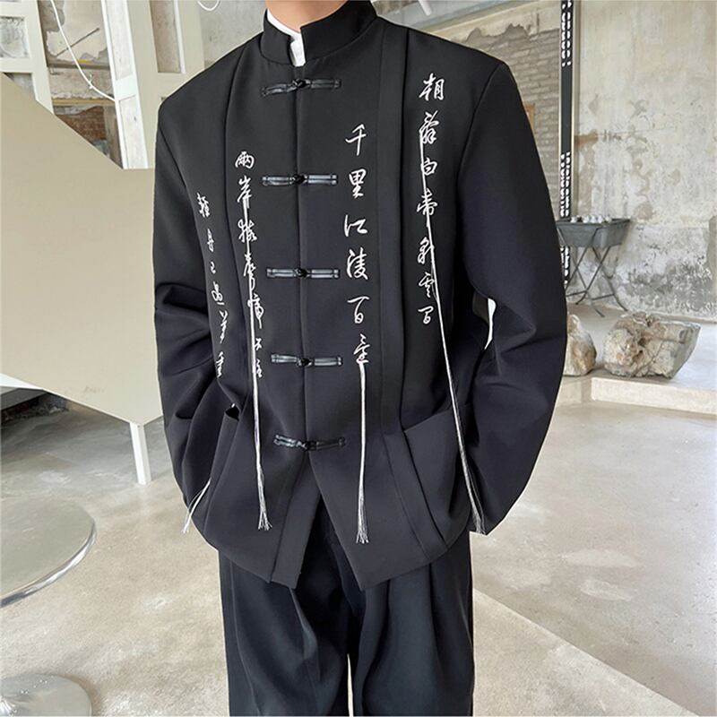 [Illustrated series] ★China style jacket★ Outerwear, unisex, men's black, black text pattern, cool