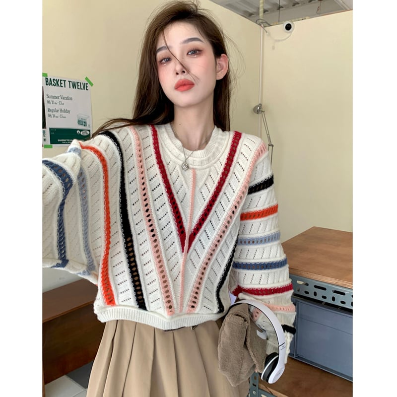 [Koikoro Series] ★Sweater★ Knit tops Colorful striped pattern Cute Easy to match Autumn clothes Sweet Fashion