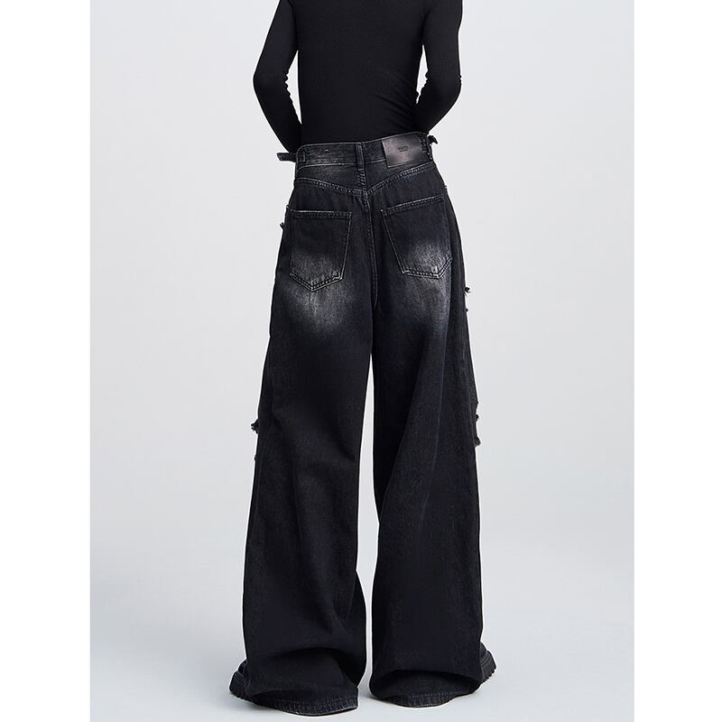 [EDX Series]★Denim Pants★ 2color Bottoms Unisex Men's Black Blue Distressed Easy to Match