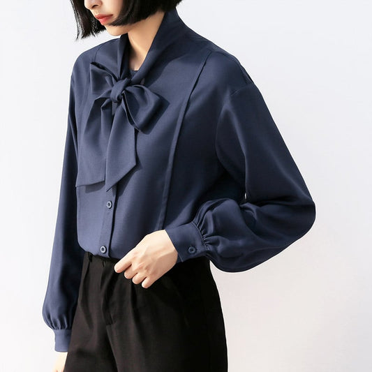 Shirt Blouse Tops Outerwear Women's Fashion New Korean Style Simple Elegant Commuting OL Office Ribbon Neck Single Breasted Lantern Sleeve SML Blue Plain Chiffon