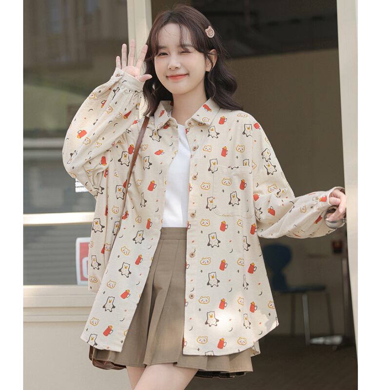 [Mago Series]★Shirt★ 3color Tops Penguin Long Sleeve Shirt Print Loose Cute SML