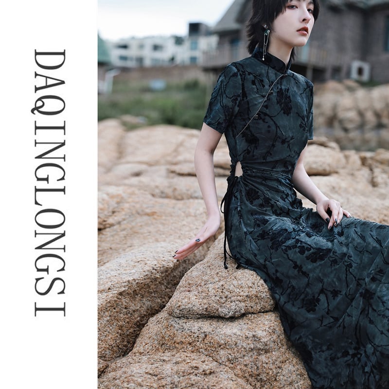 [Da Qinglong Shu Series] ★China style dress★ Improved cheongsam dress, sexy velvet, long length, improves temperament, photo shoot, party