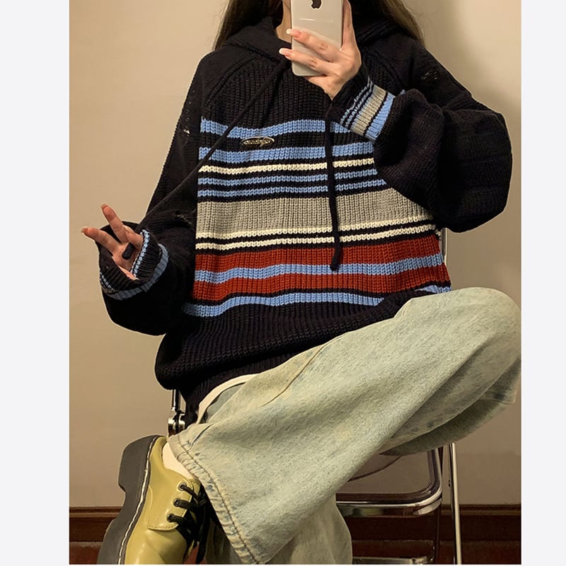 [NANSHI Series]★Parker★ 2color Knit Tops Knit Parka Unisex Men's Horizontal Striped Pattern