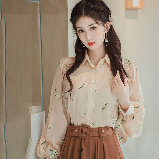 [XUANZI Series]★Shirt★ Long sleeve shirt, embroidered shirt, ladies, date, photography, literary style, easy to match