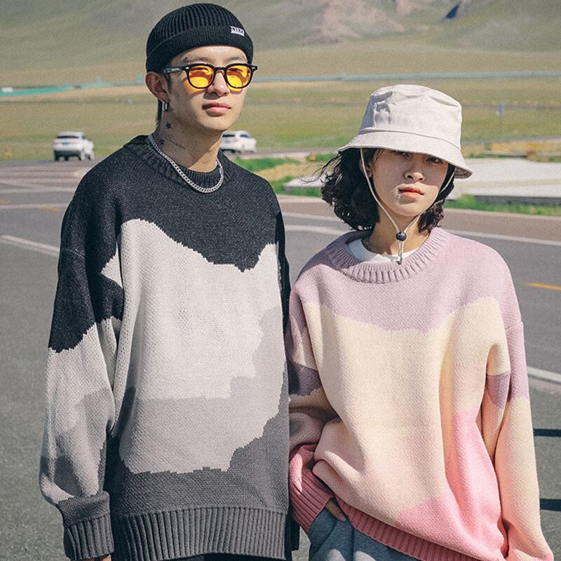 [XIWANG Series]★Sweater★ Tops 3color Unisex Couple Clothes Wave Pattern Knit Casual Loose