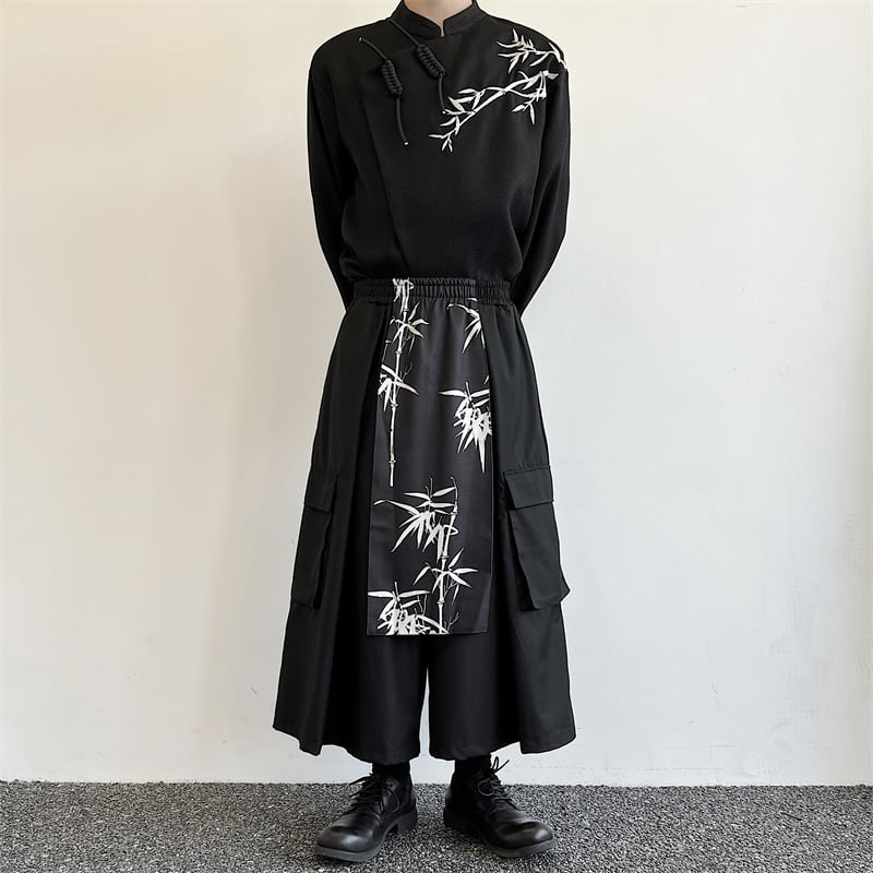 [Illustrated series] ★China style pants★ Gaucho pants unisex men's nine-quarter length black black culottes fake layered