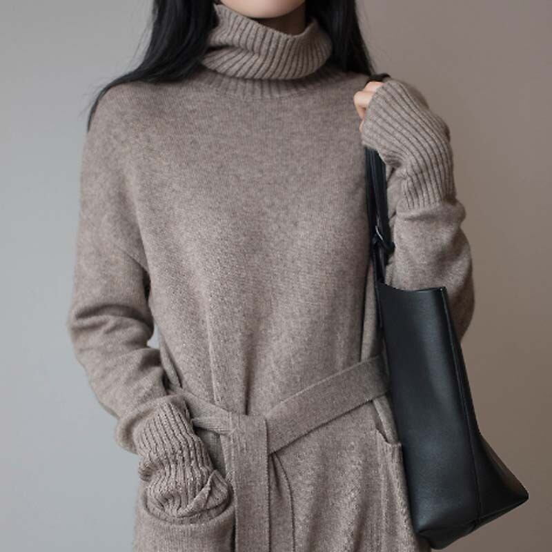 Autumn/winter knit dress, long length, simple, slimming, commuting, office lady, black, gray, pink, SML, XL