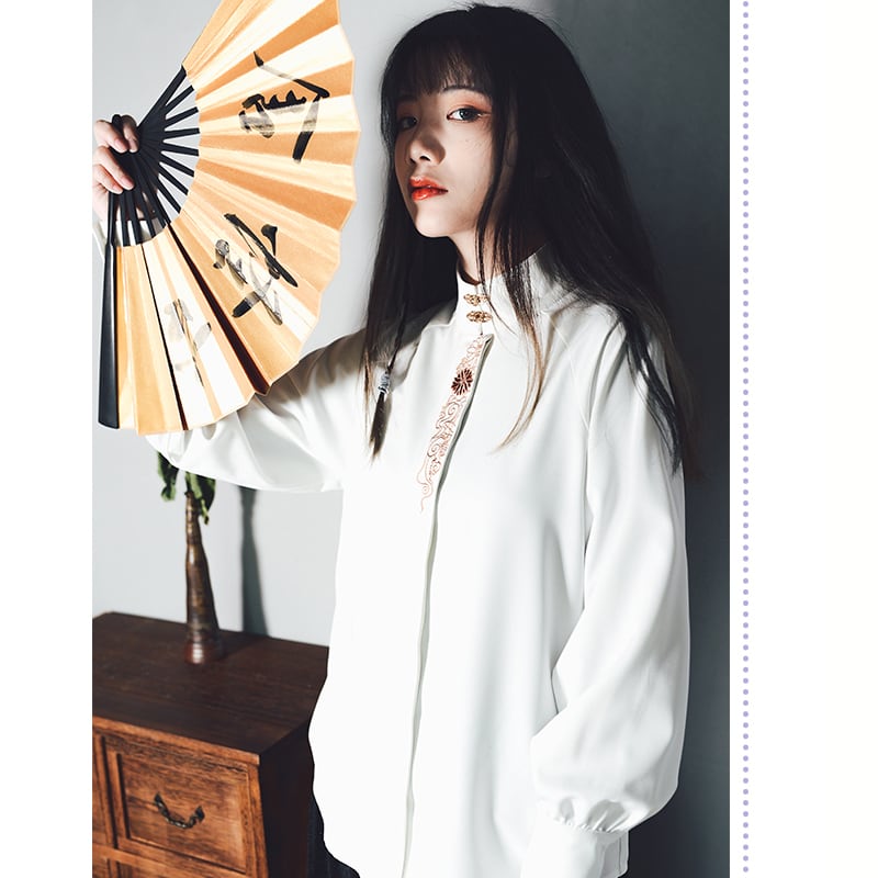 [Kokaisha Series] ★Chinese-style shirt★ Tops 2 colors Original Embroidery Stand-up collar White Black