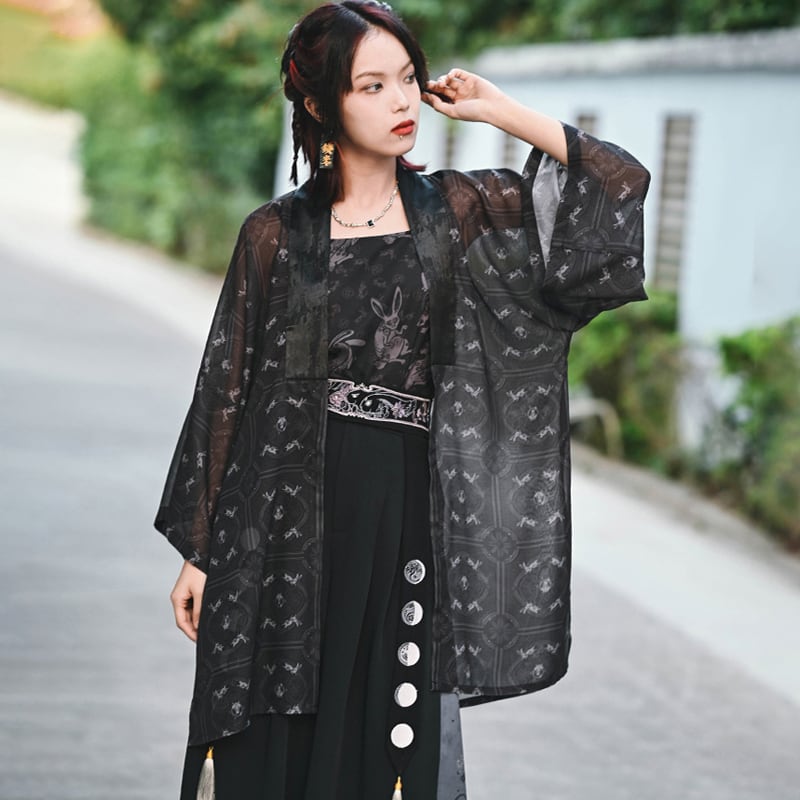 【古怪舍---卯兔シリーズ】★チャイナ風法被★ トップス シフォン 薄い ブラック 黒い 夏服 合わせやすい