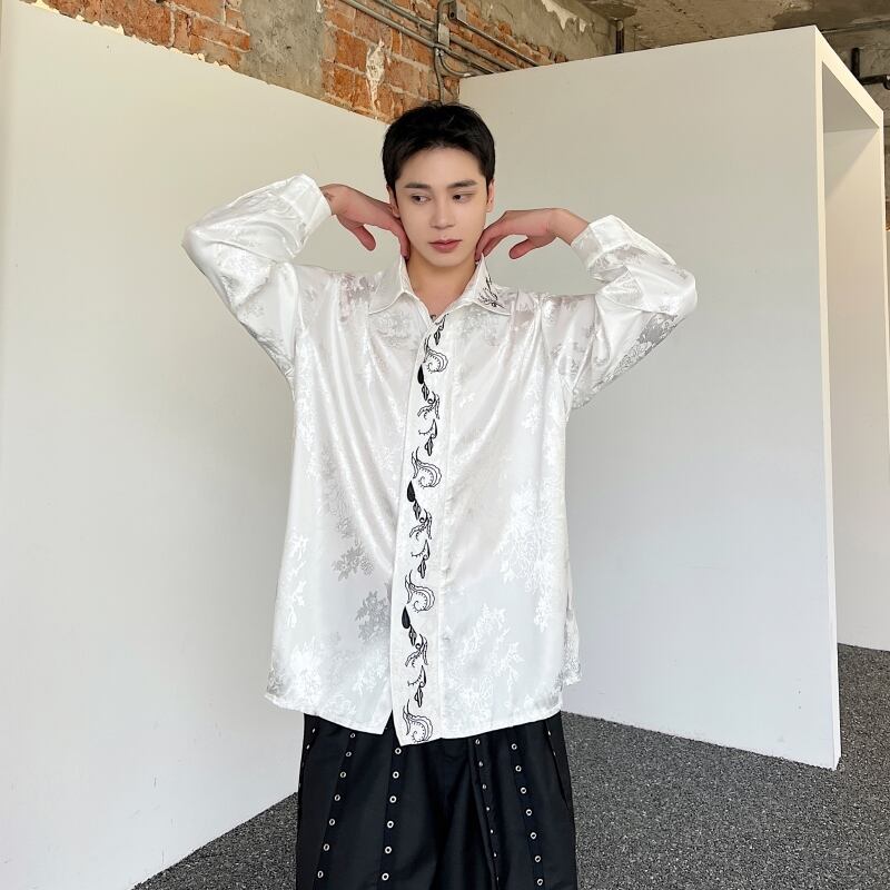 [Illustrated series] ★China style shirt★ Embroidery 2color tops long sleeve shirt unisex men's loose fit black white