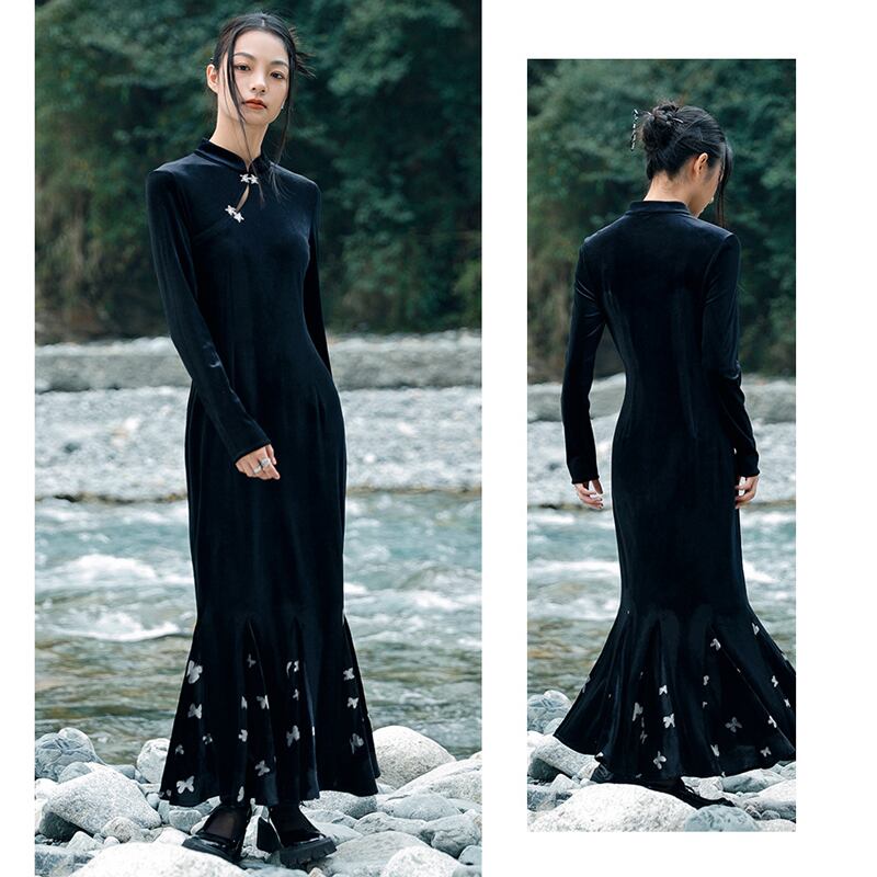 [Da Qinglong Shu Series] ★China-style dress★ Improved cheongsam dress, velvet, slimming, long length, black, black