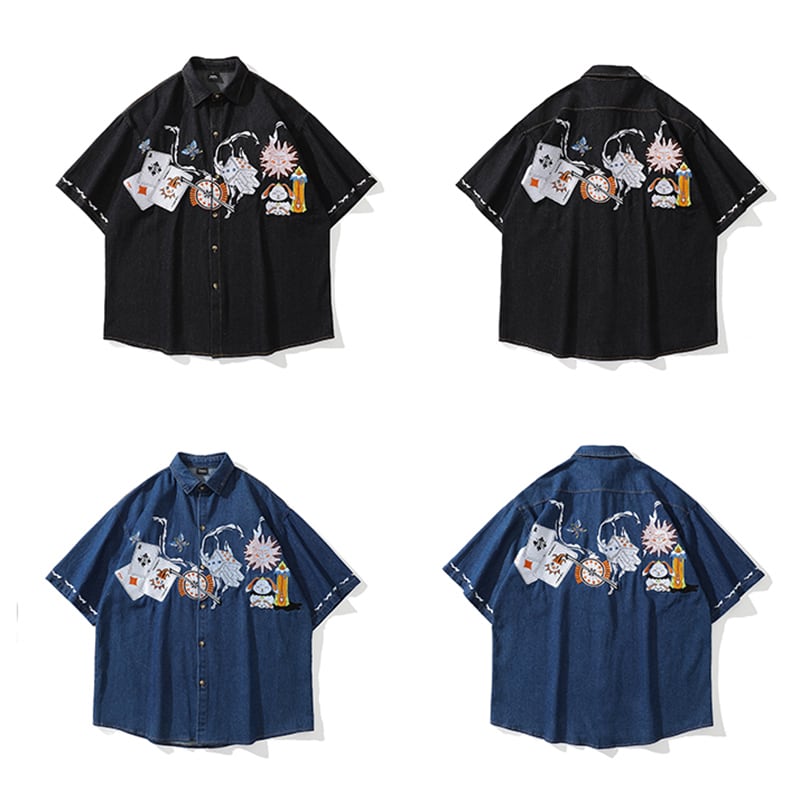 [XIAOGUWAN Series]★Shirt★ Tops 2color Embroidery Unisex Men's Playing Cards Funny Black Blue