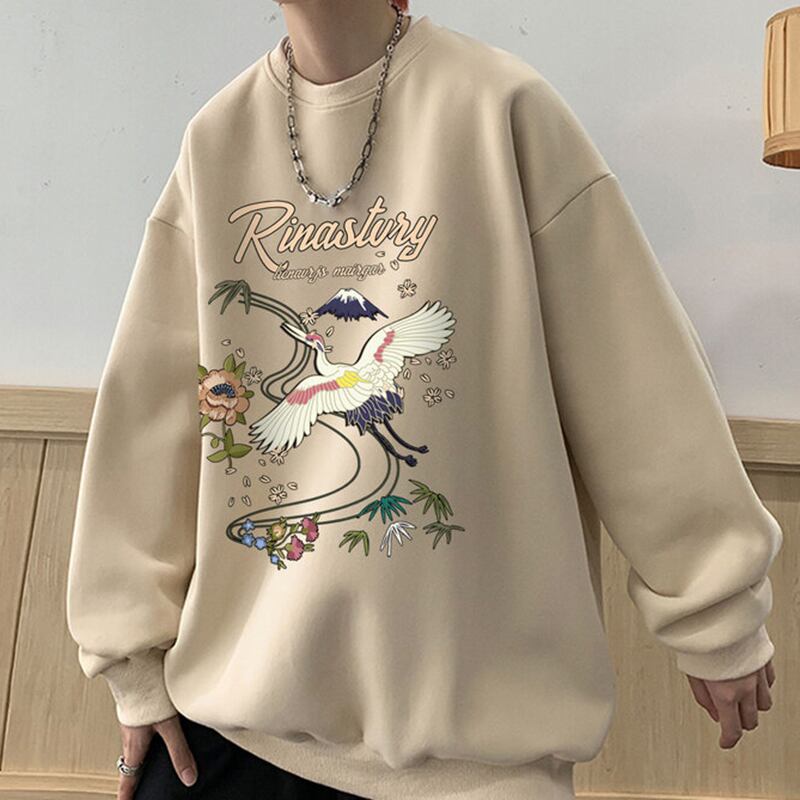 [LUONAI Series]★China style tops★ 6color round neck casual crane crane pattern print unisex men's large size