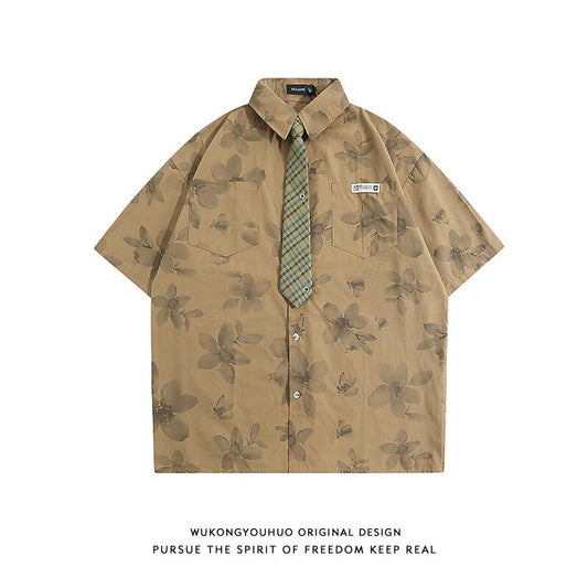 [HTTAOSUP Series]★Shirt with tie★ 3color tops, short sleeve shirt, floral pattern shirt, unisex, men's brown, green, beige