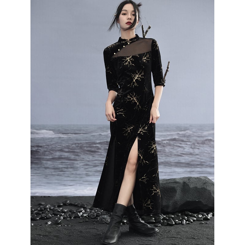 [Daiseiryusu Series] ★China-style dress★ Improved cheongsam dress, velvet, switching slit, black