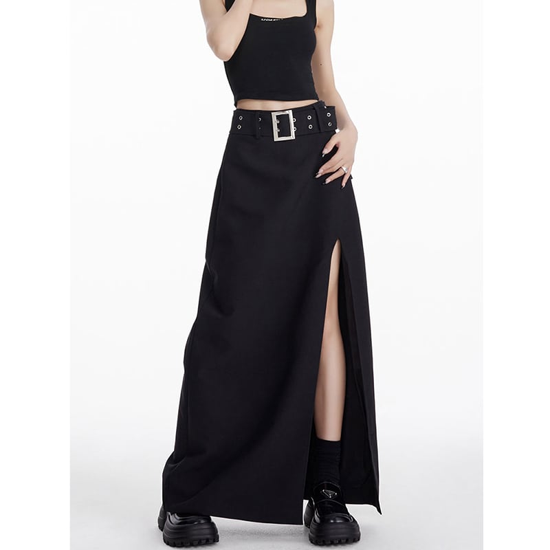 [EDX Series]★Skirt with belt★ 2color bottoms long skirt black gray high-looking slit fashionable