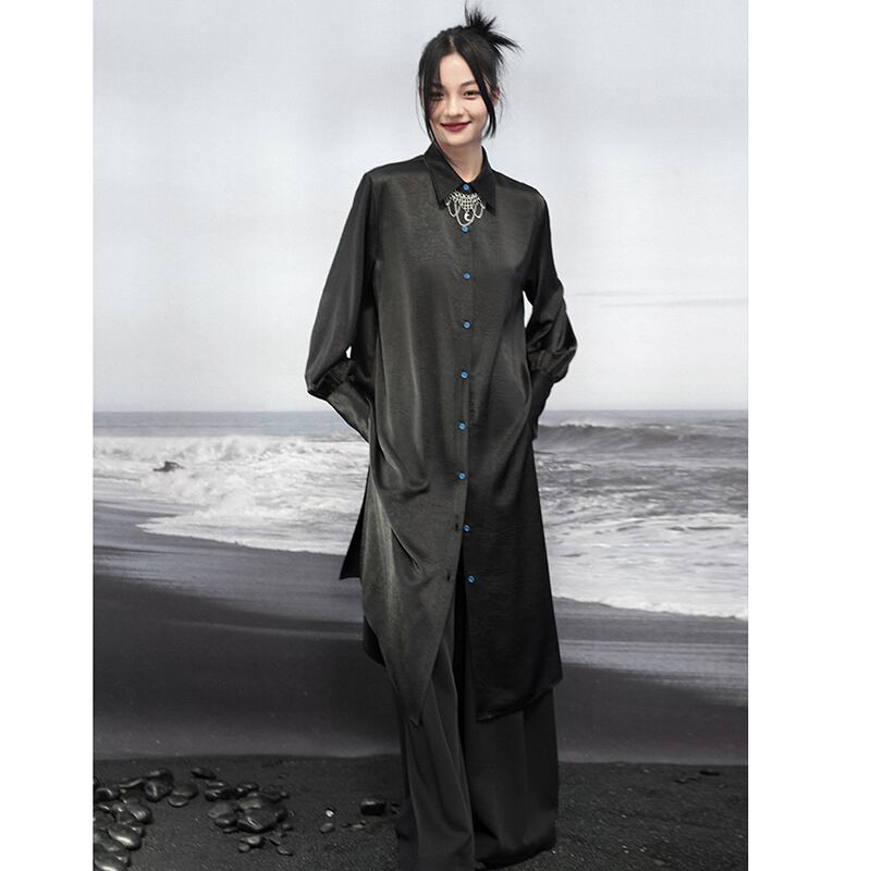 [Big Blue Dragon Series] ★China style shirt★ Long shirt, shirt dress, slit, simple, long length, original, slimming fit