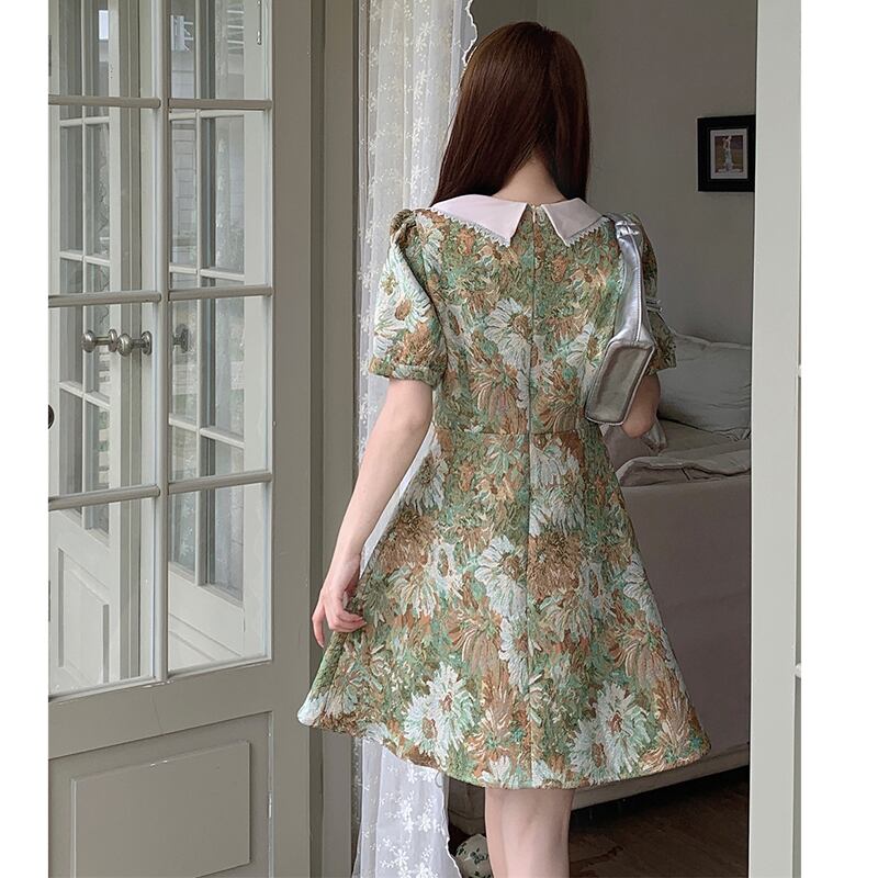 [MEIYI Series] ★One Piece★ Large Size Switching Cute Oil Painting Style Summer Clothes Summer Dress Date Photography Commuting Green Floral Pattern