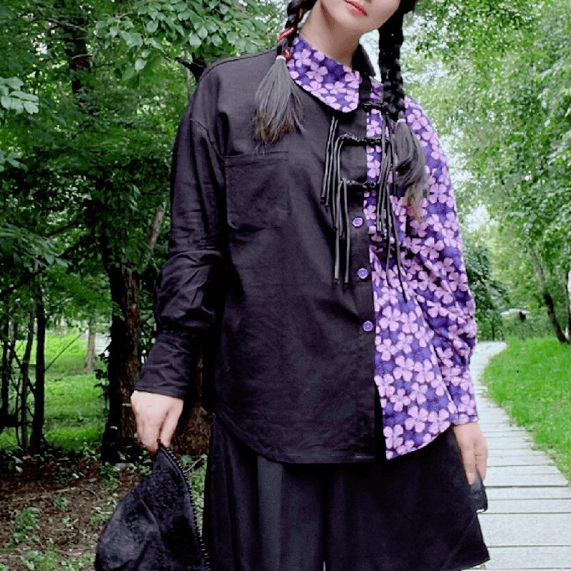 [Li Muyi Series]★China Style Shirt★ Tops Long Sleeve Shirt Switching Floral Pattern Black Black Purple Original