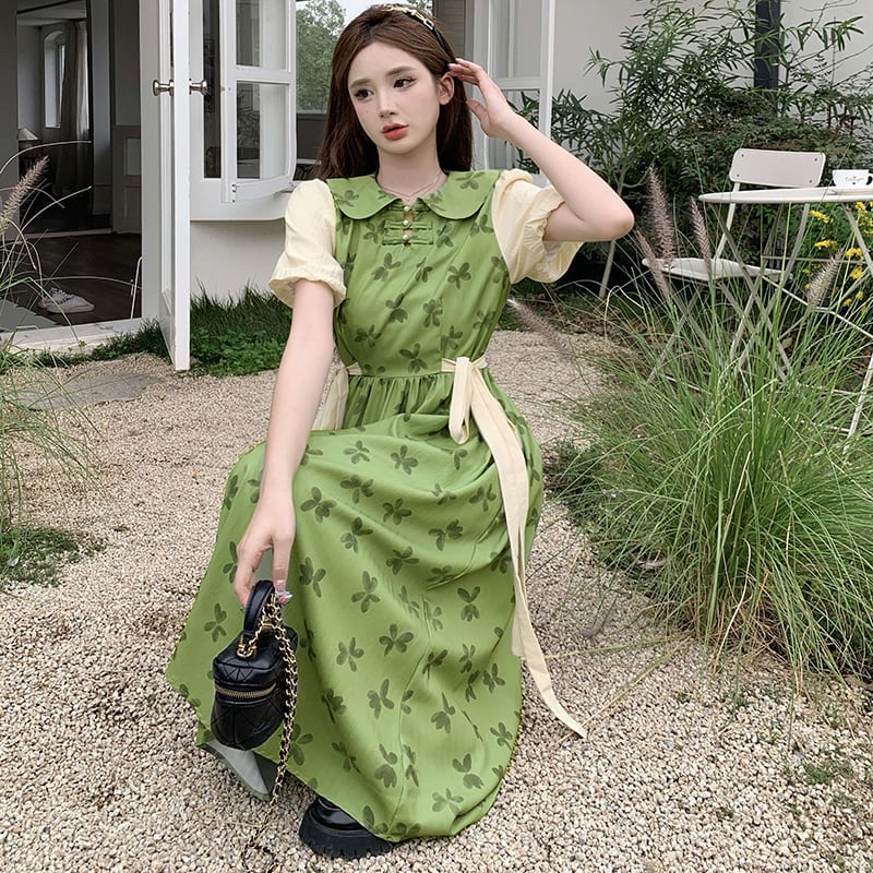 [Dong Xiaojie Series]★China style dress★Floral pattern dress Switchable Cute Large size Green Green