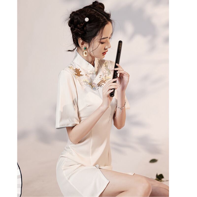 [YUEQIAO series] ★Cheongsam dress★ Short length embroidery Chinese style dress Chinese clothes White White