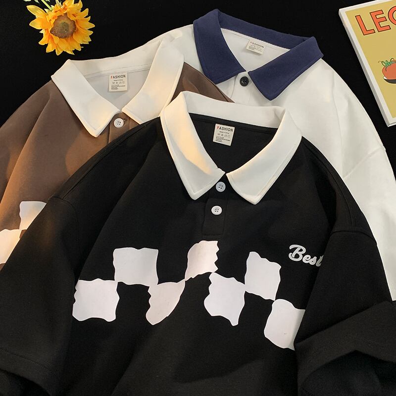 [OULUDE Series]★POLO Shirt★ Tops 3color Plaid Pattern Unisex Men's ML XL 2XL White Black Coffee Color