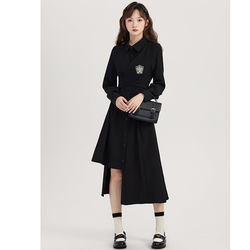 [Shojinsho Series] ★One Piece★ Irregular long sleeve dress Designed Cute Stylish Black Black