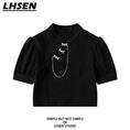 Gallery viewerに画像を読み込む, 【LHSENシリーズ】★チャイナ風トップス★ チャイナ風Tシャツ ミニ丈 着痩せ 半袖 合わせやすい ブラック 黒い
