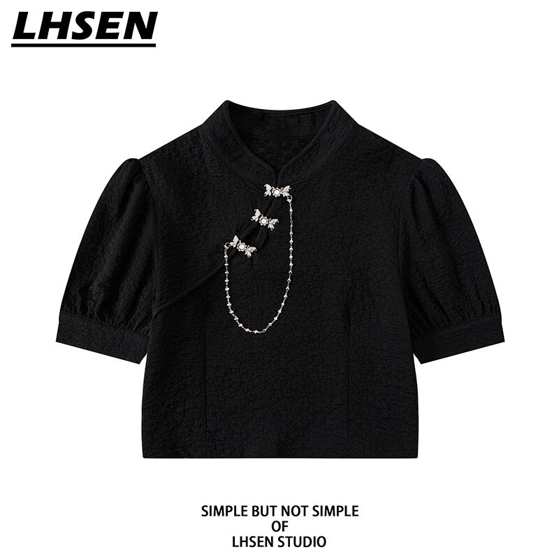 【LHSENシリーズ】★チャイナ風トップス★ チャイナ風Tシャツ ミニ丈 着痩せ 半袖 合わせやすい ブラック 黒い