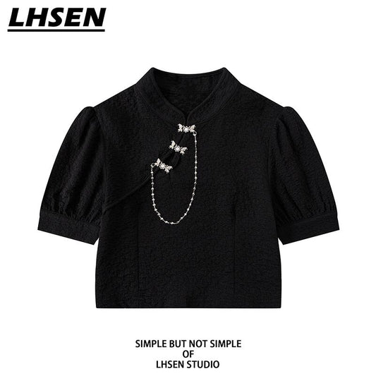 [LHSEN Series]★China-style tops★ Chinese-style T-shirt, mini length, slim fit, short sleeves, easy to match, black, black