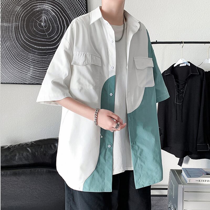 [BIGEMAN Series]★Shirt★ Tops 2color Unisex Men's Large Size Color Scheme Short Sleeve Shirt White Green