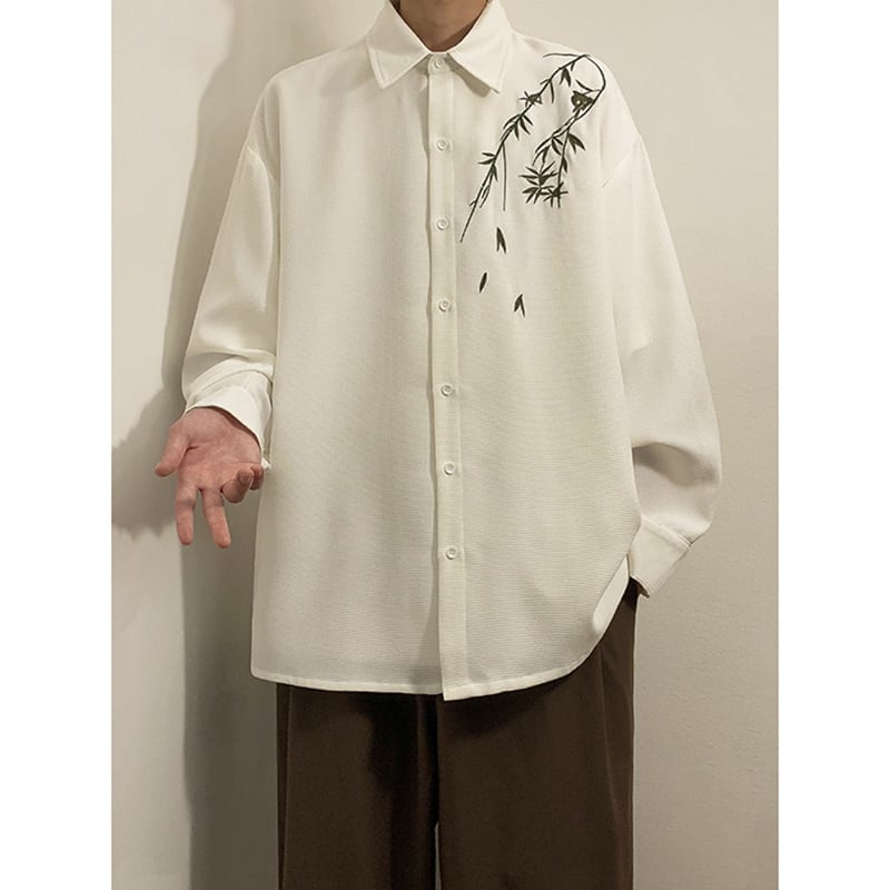 [YOULIN Series]★China style shirt★ 2color brushed lining embroidery bamboo tops unisex men's large size black white