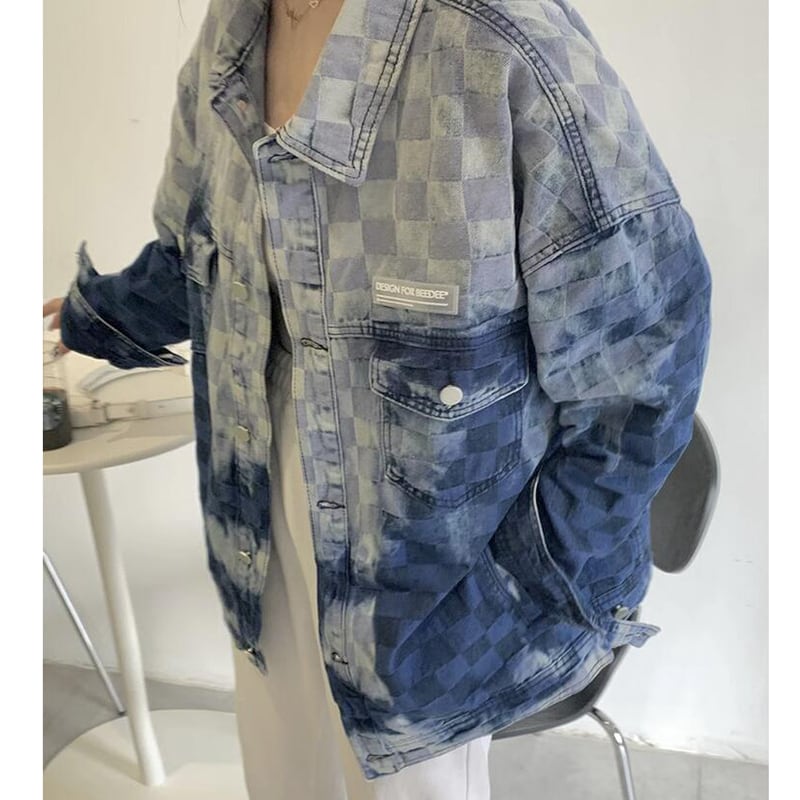 [YONGFEI Series]★Jacket★ Tops Outerwear Denim Jacket Plaid Pattern Unisex Men's Stylish Blue Blue